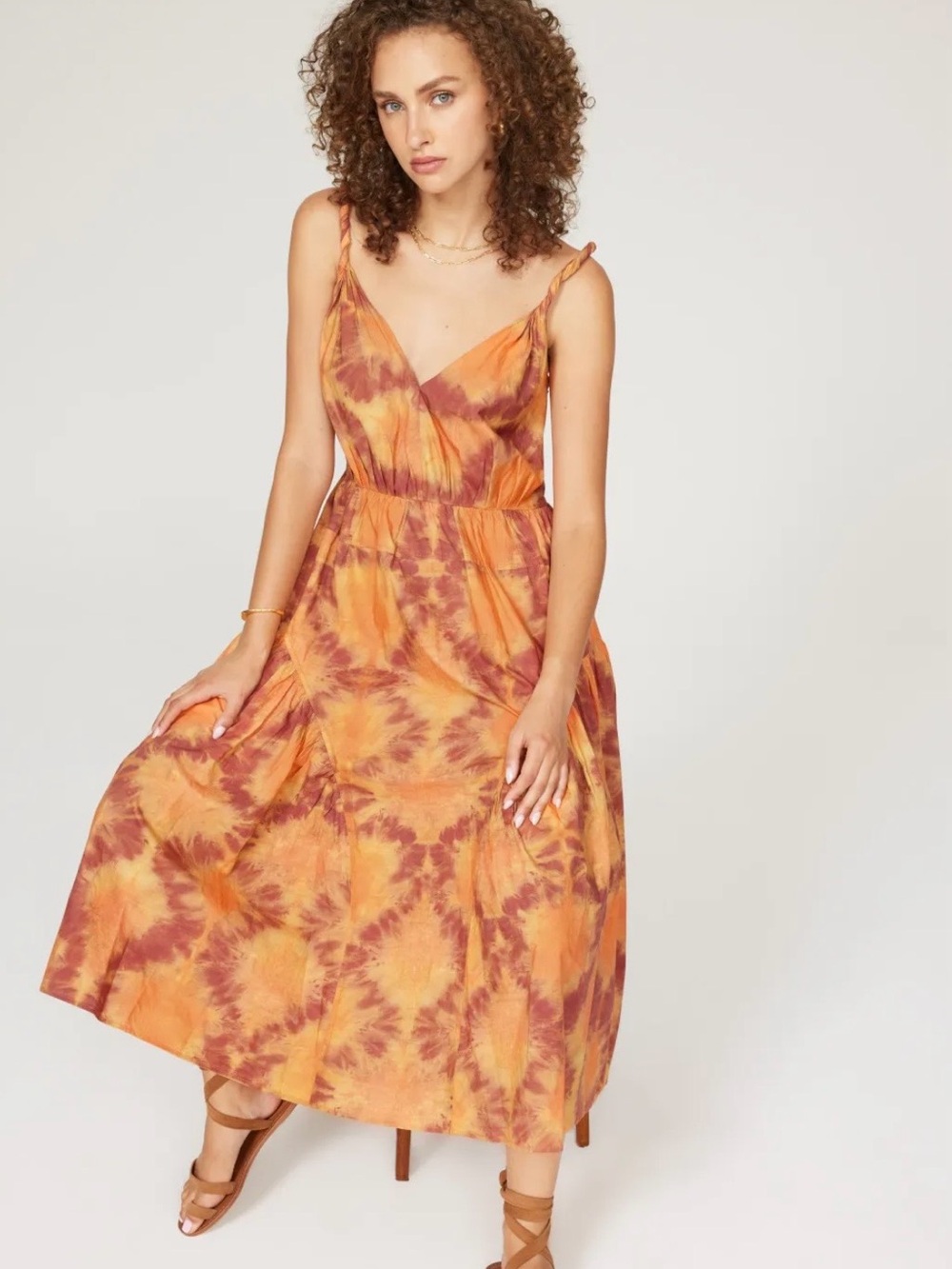 Ulla Johnson 100% Cotton Tie Dye Tiered Midi Maxi Dress Orange Rust Brown Boho
